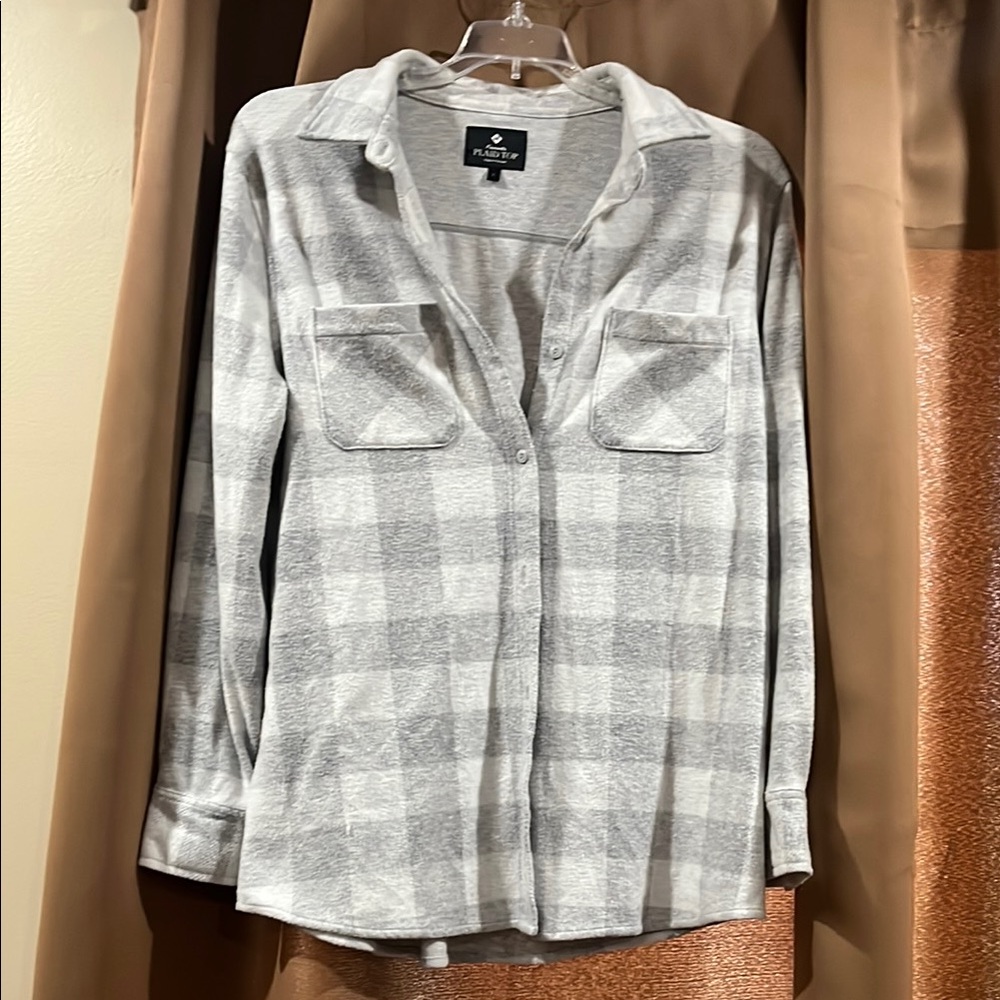 Gray and White Plaid Button-Up Shirt